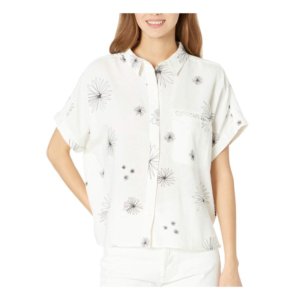 LEVIS Ariana Cotton White Graphic Flowers Boxy Button Up top Womans Small